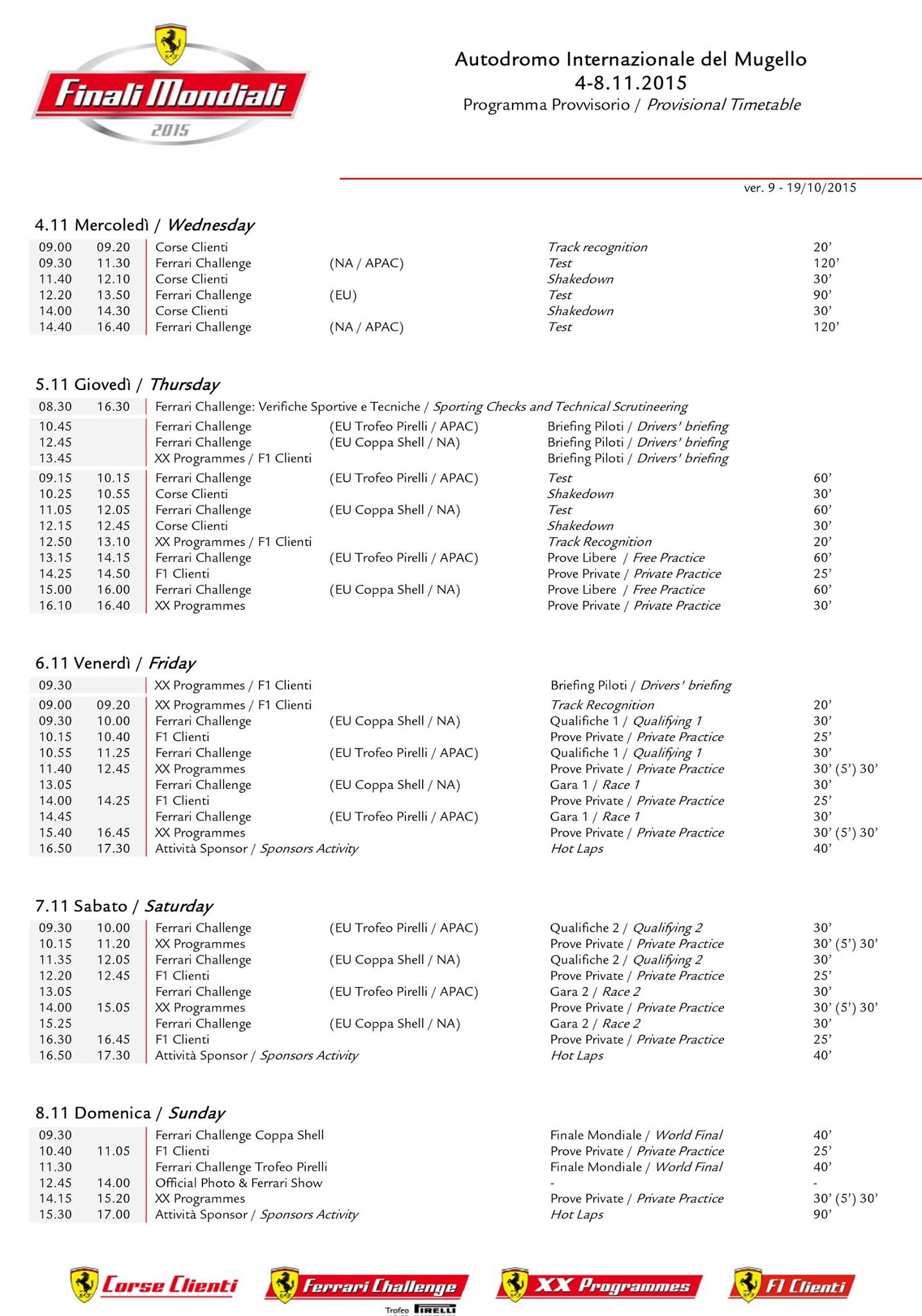 Finali Mondiali Ferrari 2015 | 4-8 Novembre al Mugello Circuit