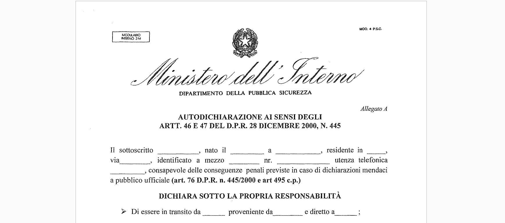 autocertificazione per viaggiare coronavirus